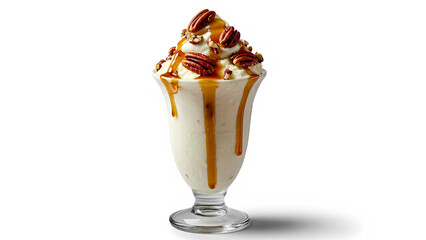 A caramel pecan ice cream sundae with golden caramel sauce drizzled over vanilla ice cream, topped with toasted pecans