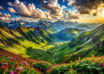 Sun-drenched alpine valley: vibrant peaks, lush green pass, aerial macro view of majestic mountains.