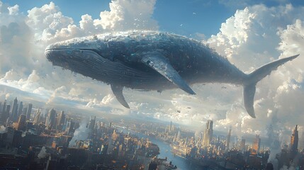 Fototapeta premium Giant Whale Floating in Sky Above Urban Landscape with Clouds
