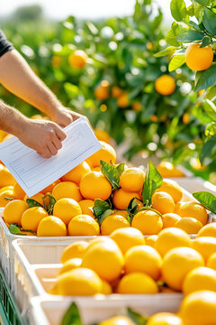 Oranges fill plastic crates as they are loaded onto a truck. A driver reviews essential paperwork amidst a lush rural backdrop, showcasing agricultural life at its finest