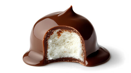 A marshmallow coated in thick milk chocolate, partially bitten to reveal the soft center