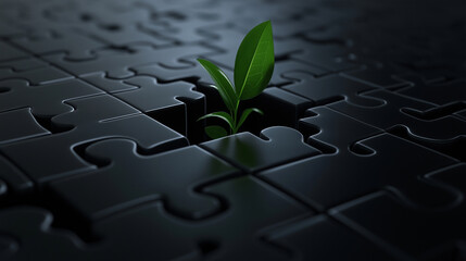 A conceptual image of metallic puzzle pieces arranged in a grid, with a lush green plant sprouting through a gap, symbolizing the fusion of sustainability and structured planning.