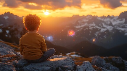 Obraz premium Child contemplates sunset, mountain vista