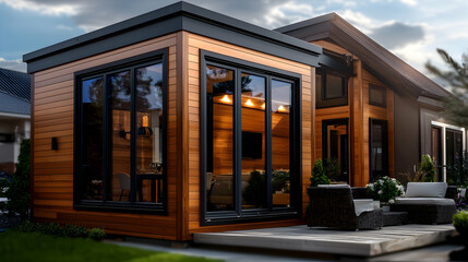 A contemporary style home showcasing sleek design and wooden details