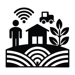 Illustration of a person, house, tractor, plant, and wifi signal on a landscape. Digital networks Graphic resource for design