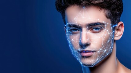 Close-up digital face mapping photography with blue background