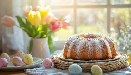 Spring easter celebration with festive cake and painted eggs on sunlit wooden table