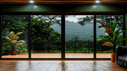 A luxurious living room showcasing a beautiful natural landscape view