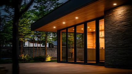 A modern home illuminated at dusk with lights and trees
