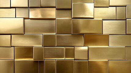 Glossy rectangular tiles in gold, creating a polished 3D wall texture