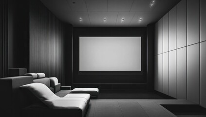Modern home theater room with large screen and comfortable seating.