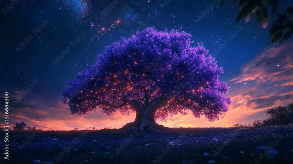 Poster a stunning purple tree stands tall against a twilight sky, its vibrant foliage illuminated with soft