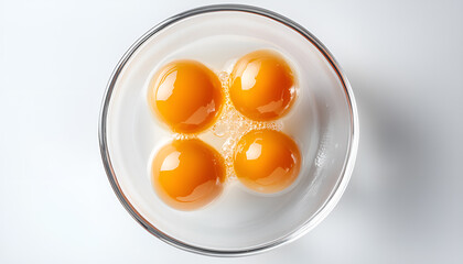 Four fresh egg yolks in a glass bowl on a white background