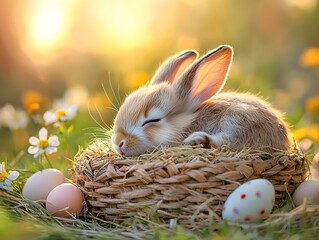 Cozy Bunny Nest, A Tiny Rabbit Resting Among Easter Eggs