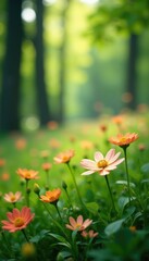 Fototapeta premium Softly lit blooming flowers in a lush green meadow amidst tall trees, green, blossoms