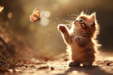 Fluffy Kitten Playing with a Butterfly in Golden Sunlight