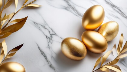 Luxury Easter background with golden eggs on a white marble surface, soft shadows, and a minimalist, elegant composition, perfect for premium holiday greetings and sophisticated seasonal designs.
