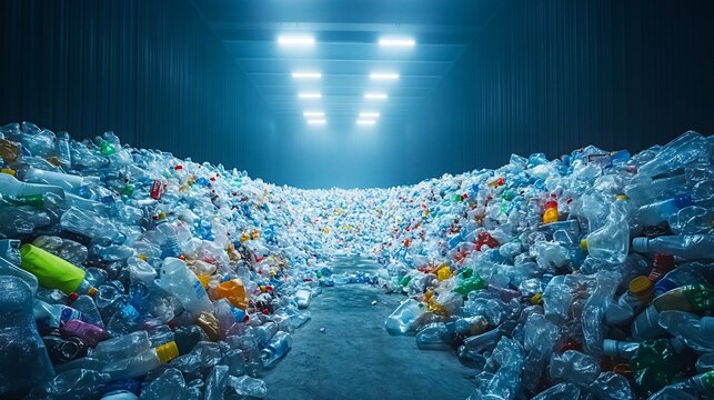 A vast warehouse filled with mountains of plastic waste awaiting recycling or disposal