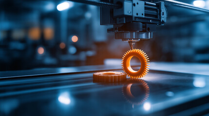 A large-scale 3D printer creating a mechanical gear, representing the integration of additive manufacturing in engineering.