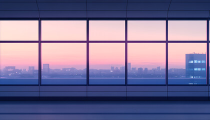 Panoramic city skyline through large windows at dawn