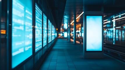Modern electronic display board in a sleek, glass-walled building walkway with bright LED text