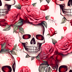 Dark Romantic Skull and Rose Seamless Pattern