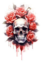 Romantic Macabre Skull with Roses and Blood