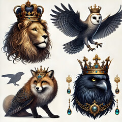 Majestic Royal Animals – Lion, Owl, Fox, and Raven with Crowns