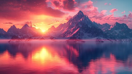 Stunning Mountain Range Made of Floating Cubes at Sunset Reflection
