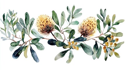 Watercolor Australian Banksia Floral on White Background: A Vibrant and Artistic Depiction of Native Australian Flora, Perfect for Design Projects and Decorative Art.
