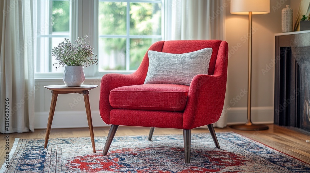 Poster a bright and inviting interior showcases a plush red armchair paired with a simple side table and a 