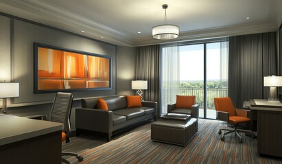 Fototapeta premium Modern hotel suite with city view, comfy seating, and work area.