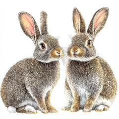 Fototapeta premium Two adorable hand drawn rabbits with detailed fur and expressive eyes on white background, Illustrated cute bunnies, Kawaii bunny Isolated design on white background For Rabbit Lovers and Easter