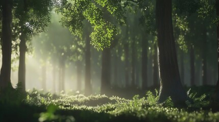 Obraz premium Sunlight filters through tall trees in a serene forest, evoking tranquility and natural harmony