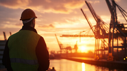 A dock worker standing next to a massive port crane, dwarfed by its immense mechanical structure.