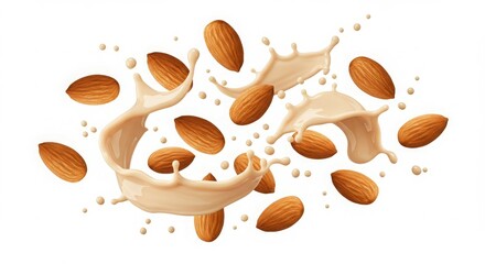 Obraz premium Almonds and almond milk splash creatively arranged on a white background.