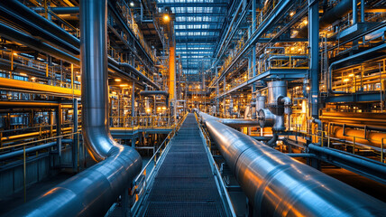 Modern high-tech industrial plant interior with metal tubes, yellow lighting, and symmetrical technological structure.