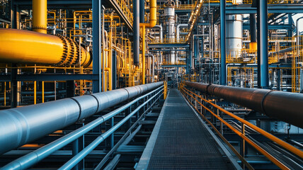 Futuristic factory with glowing lights, metallic pipes, and symmetrical interior showcasing advanced industrial technology.