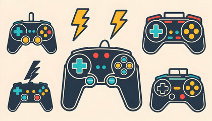Colorful Game Controllers with Lightning Bolts on Retro Background