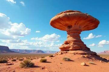Wind-blown rock formation resembling a giant mushroom, desert rocks, clouds, open sky