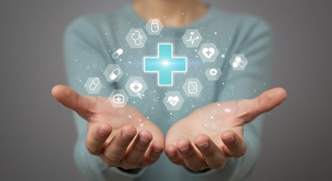 Hands holding digital health icons with a glowing medical cross.
