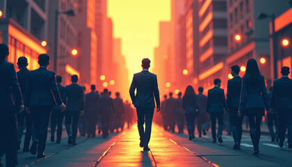 Businessman walking confidently in city street at sunset