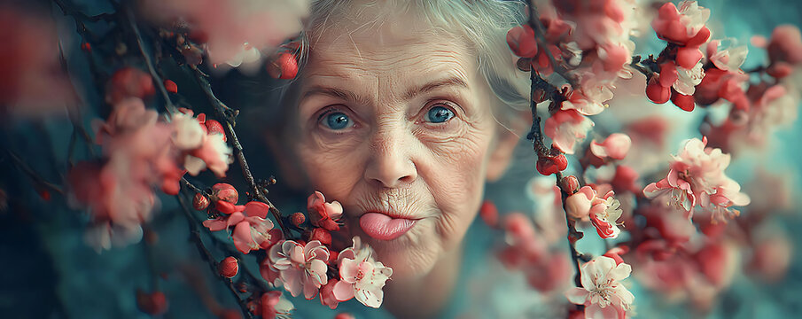 A whimsical portrait of an elderly woman playfully peeking through delicate pink blossoms.  The image evokes feelings of springtime joy and the beauty of aging.