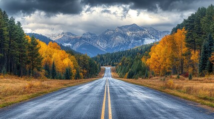 Endless Road Leading Through Serene Environment Surrounded by Mountains and Autumn Trees Under a Dramatic Sky
