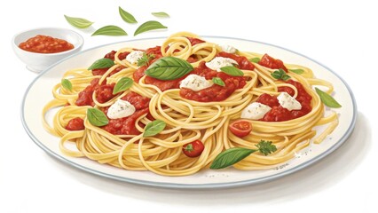 A delicious plate of spaghetti with tomato sauce, garnished with fresh basil leaves, served alongside a small bowl of marinara sauce.