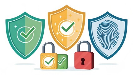 A collection of stylized shields and locks symbolizing security, protection, and verification, featuring check marks and a fingerprint design.