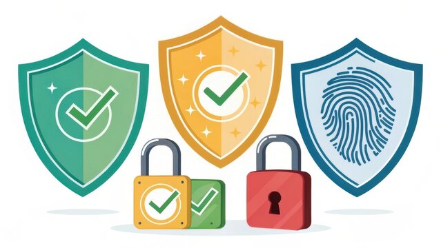 A collection of stylized shields and locks symbolizing security, protection, and verification, featuring check marks and a fingerprint design.