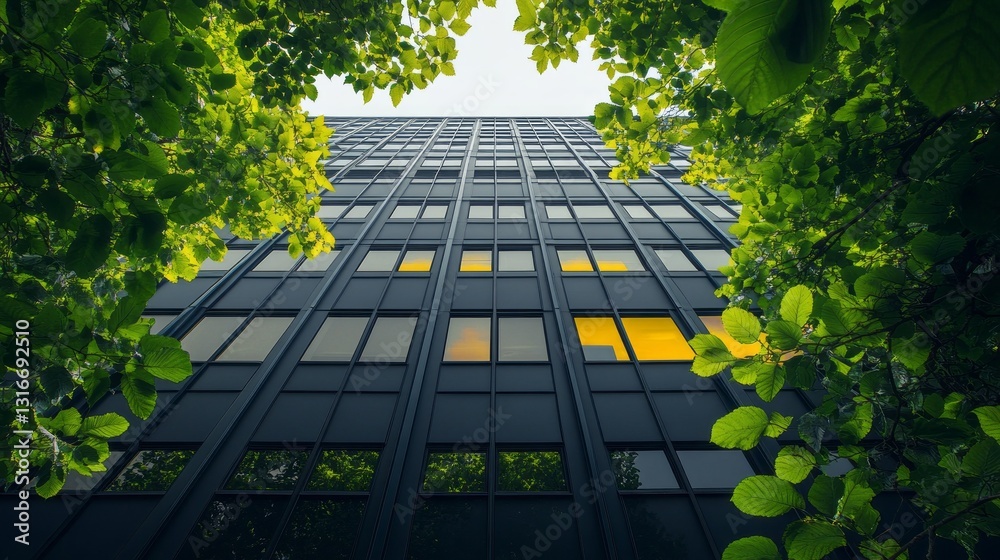 Poster flourishing greenery surrounds a sleek skyscraper with illuminated windows, showcasing a harmonious 