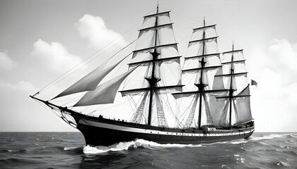 Obraz premium Majestic sailing ship in black and white on calm ocean water