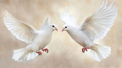 Fototapeta premium Two white doves in mid-flight with wings gracefully spread, symbolizing peace, love, and harmony, set against a soft, neutral background - AI Generated Digital Art.